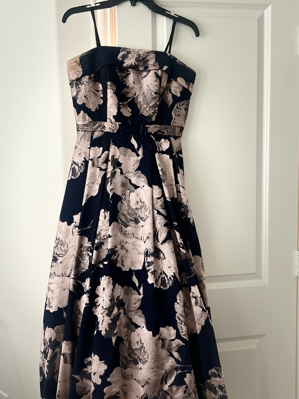 Xscape Strapless Floral A-Line Dress in Navy and Champagne